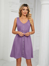 Women's Knitted Sleeveless Button Pocket Round Neck Slit Waist Dress