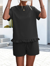 Women's Knitted Round Neck Ruffle Short Sleeve Shorts Casual Two-piece Set