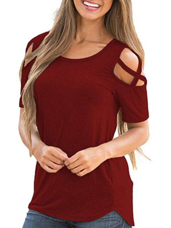 Cross strap off-shoulder short-sleeved round neck slim fit women's T-shirt