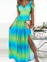 Women's long dress printed V-neck temperament sleeveless sexy slit dress