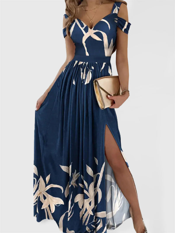 Women's long dress printed V-neck temperament sleeveless sexy slit dress