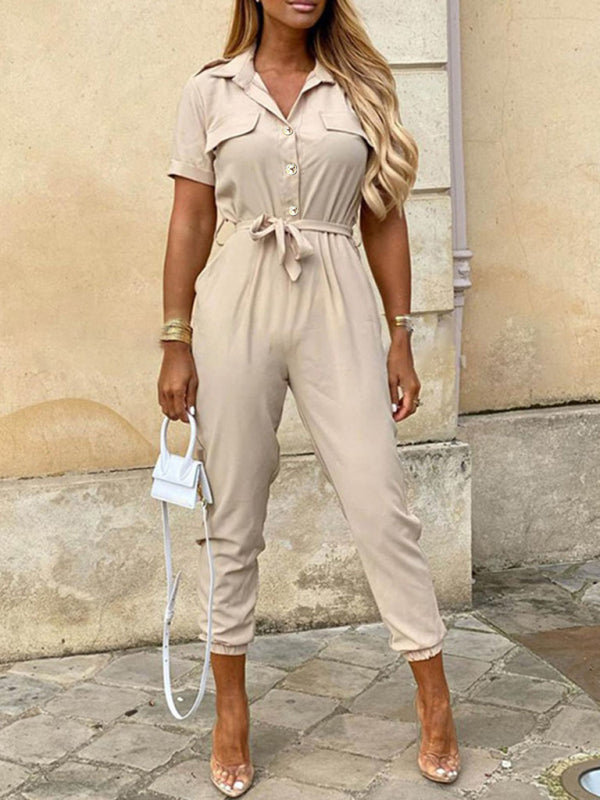 Women's Casual Lapel Buttoned Belt Cargo Jumpsuit