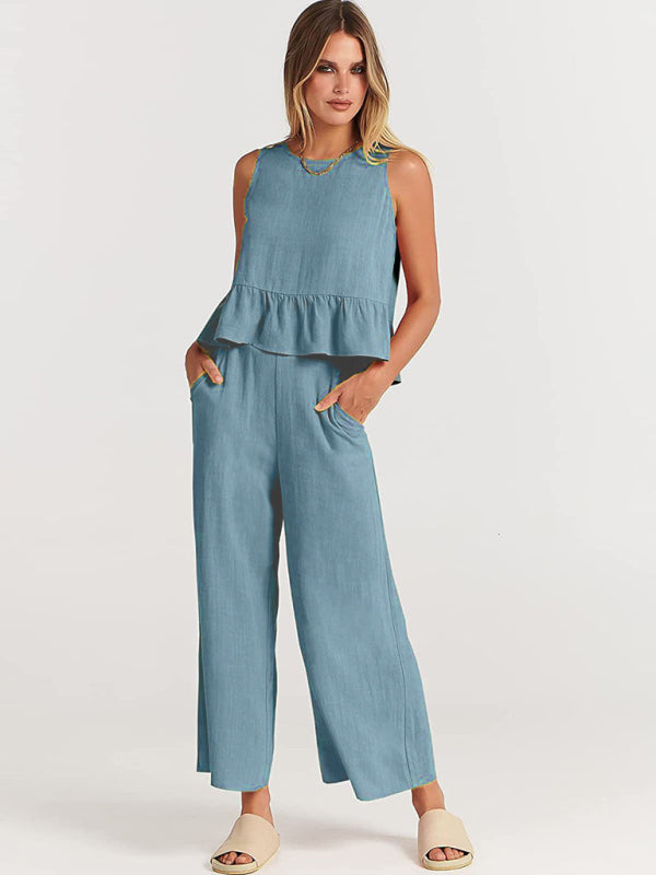 Sleeveless pleated vest wide-leg cropped pants casual suit