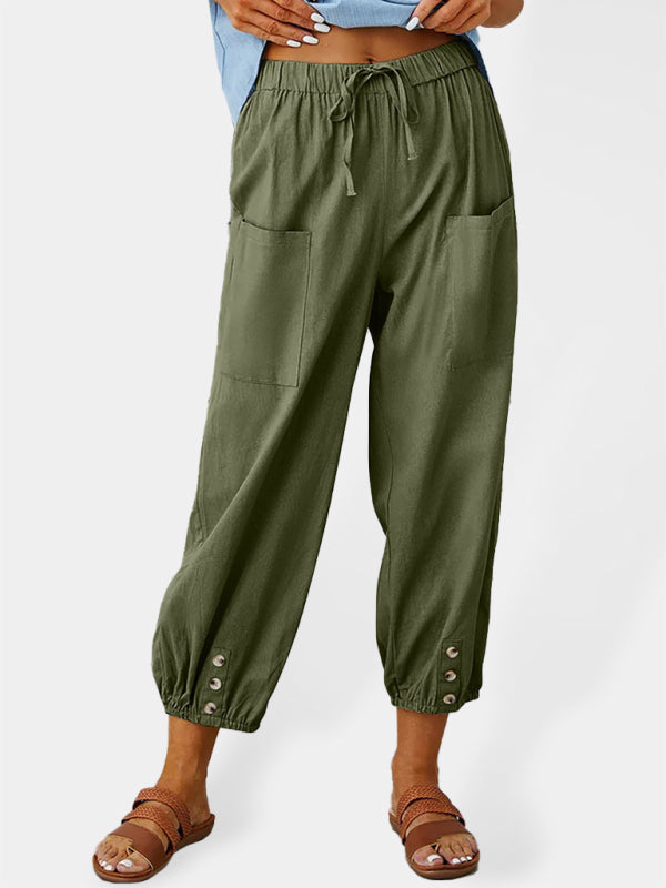 Loose high-waisted button-down cotton and linen cropped trousers wide-leg women's trousers