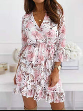 European and American sexy V-neck printed tie casual foreign trade nine-quarter-sleeve ruffled dress