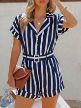 Women's Woven Stripe Short-Sleeve Lapel Casual Rompers