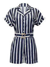 Women's Woven Stripe Short-Sleeve Lapel Casual Rompers