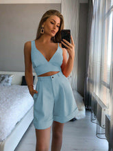 Women's OL temperament solid color asymmetric suspender top high waist shorts two-piece set