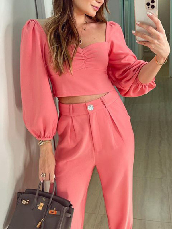 Women's OL temperament solid color square collar top high waist trousers two-piece set