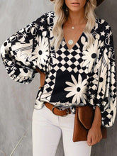 V-neck casual shirt printed lantern sleeve top women's clothing