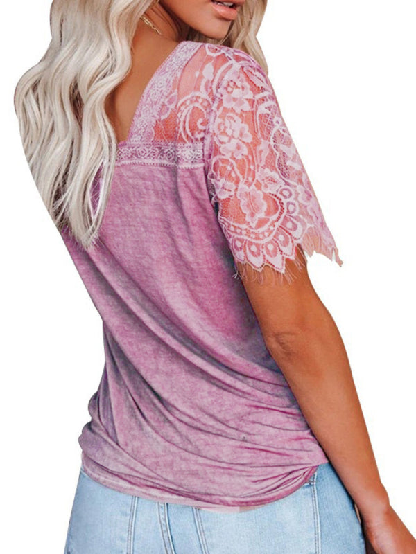 Short Sleeve V Neck Feather Lace Sleeve Blouse