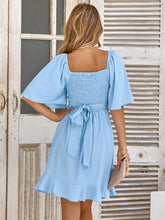 V-neck solid color waist ruffled summer dress women