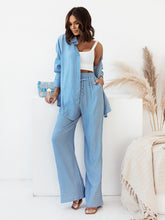 Women's loose solid color long-sleeved shirt casual trousers two-piece set