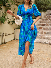 Elegant waist V-neck holiday bohemian print dress