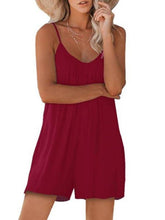 Women's Casual Suspender Shorts Solid Color Round Neck Loose Pocket Jumpsuit