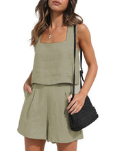 Women's Solid Color Casual Cotton Linen Sleeveless Square Neck Top + Shorts Two-Piece Set