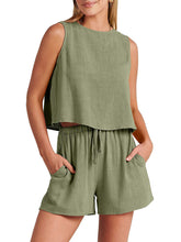 Women's woven solid color sleeveless loose cotton linen top shorts two-piece set