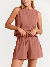 Women's woven solid color sleeveless loose cotton linen top shorts two-piece set