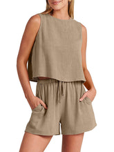 Women's woven solid color sleeveless loose cotton linen top shorts two-piece set