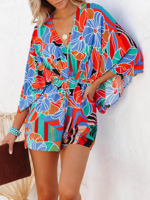 New Elegant Casual Fashion Printed Waist Short Sleeve Jumpsuit