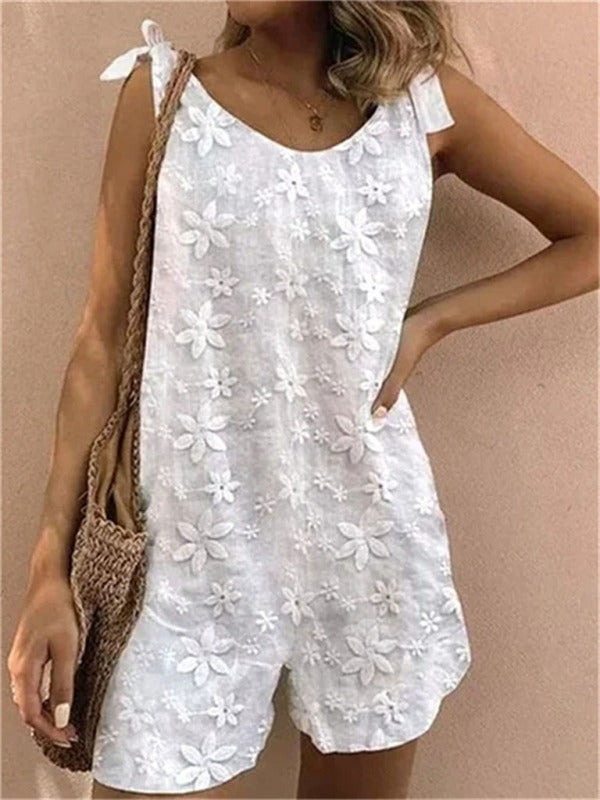 Women's Embroidered Fabric Bow Strap Jumpsuit