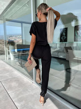 Short-sleeved V-neck slip pocket elastic waist tie-up pencil pants cropped jumpsuit