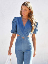 Women's Denim Slim Puff Sleeve Crossover Waist Jumpsuit