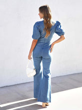 Women's Denim Slim Puff Sleeve Crossover Waist Jumpsuit