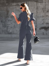 Women's Denim Slim Puff Sleeve Crossover Waist Jumpsuit