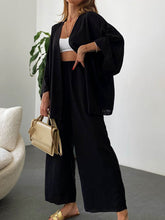 New cotton and linen suit cardigan long-sleeved top pocket wide-leg trousers two-piece set