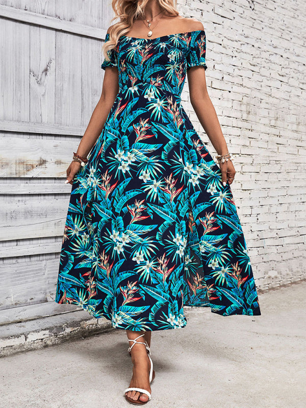 Tropical Floral Print Off-Shoulder Vacation Dress