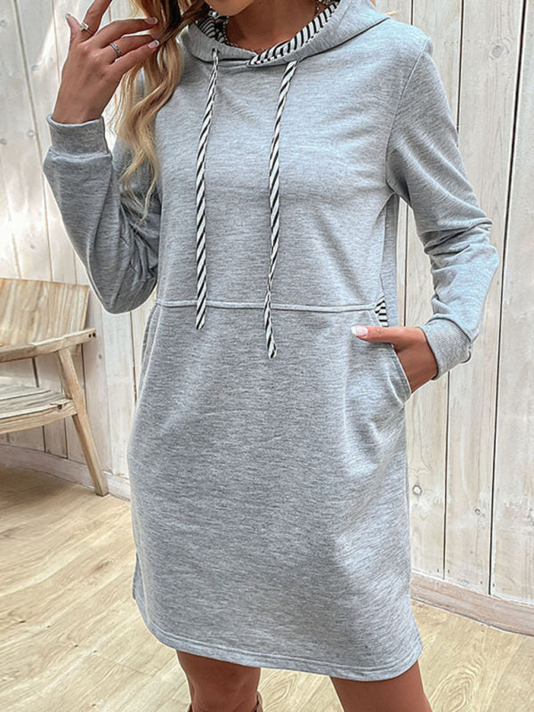 New women's long-sleeved stitching hooded sweater dress