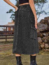 Elastic Waist Denim Cargo Casual Midi Skirt