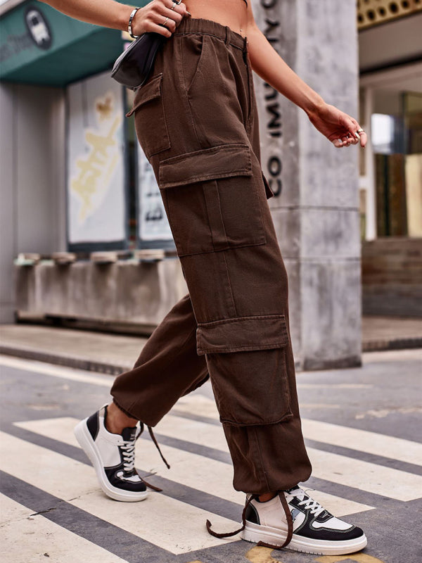 Loose Drawstring Pocket Athletic Denim Cargo Pants