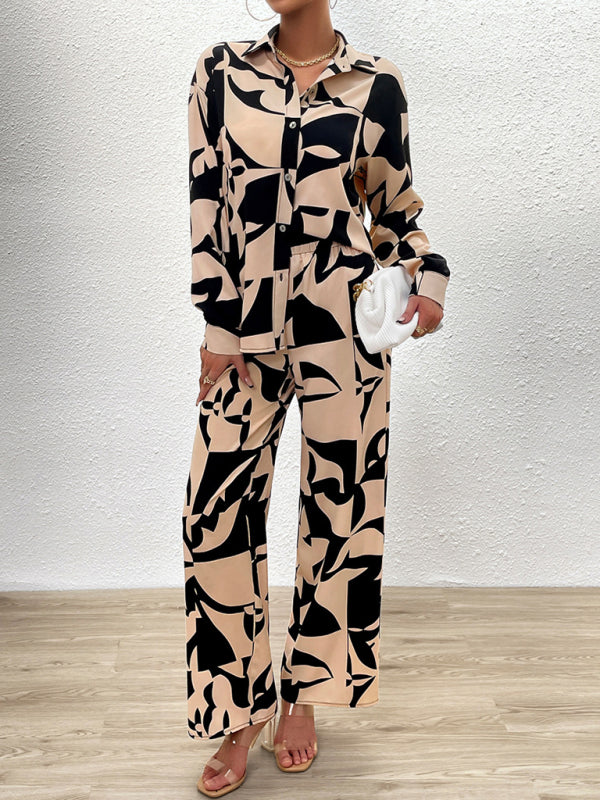 Casual printed suit long-sleeved tops and trousers two pieces set