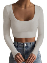 New women's large round neck long-sleeved ultra-short slim fit navel-baring bottoming T-shirt top