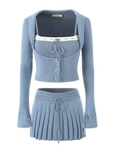 Women's New Lapel Long-sleeved Jacket + Color Matching Suspenders + Pleated Skirt