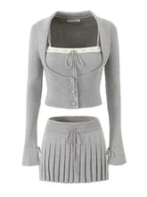 Women's New Lapel Long-sleeved Jacket + Color Matching Suspenders + Pleated Skirt