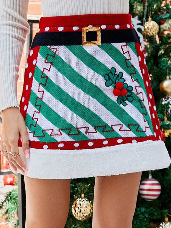 New splicing knitted A-line skirt with elastic belt Christmas package hip skirt