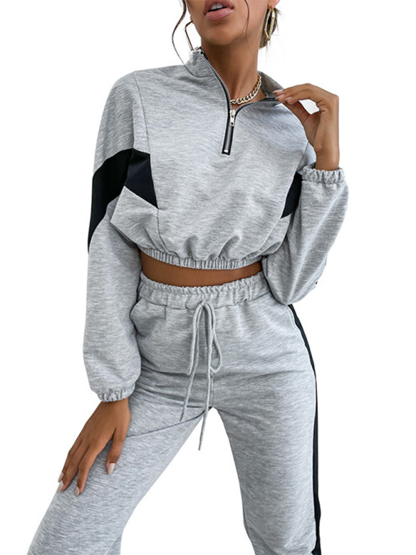 Women's two piece color block long sleeve short sweatshirt suit