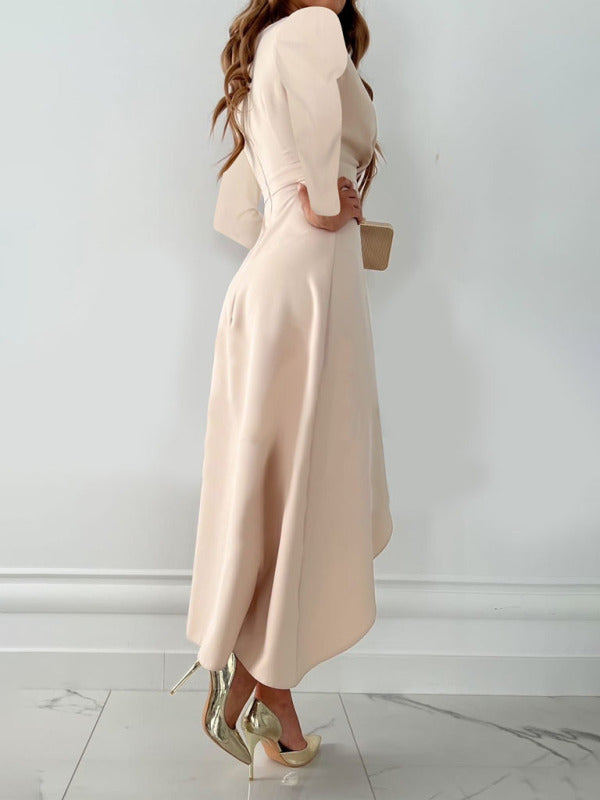 Women's Long Sleeve V-Neck Gathered Hem Slit Dress