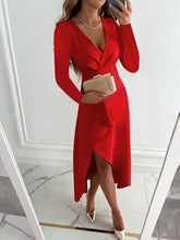 Women's Long Sleeve V-Neck Gathered Hem Slit Dress