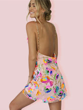 Sexy boat neck backless sequin floral chain women's sexy short dress