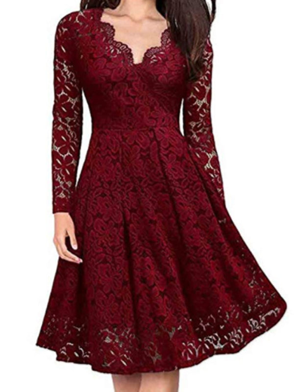 Christmas women's autumn and winter skirt lace long-sleeved temperament dress