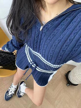 Women's Twist Knit Sweater Large Lapel Short High Waist Drawstring Waist Contrast Color Trim Suit