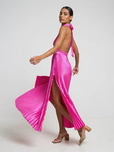 Pleated Halter Neck Satin Maxi Dress