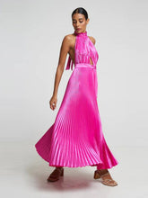 Pleated Halter Neck Satin Maxi Dress