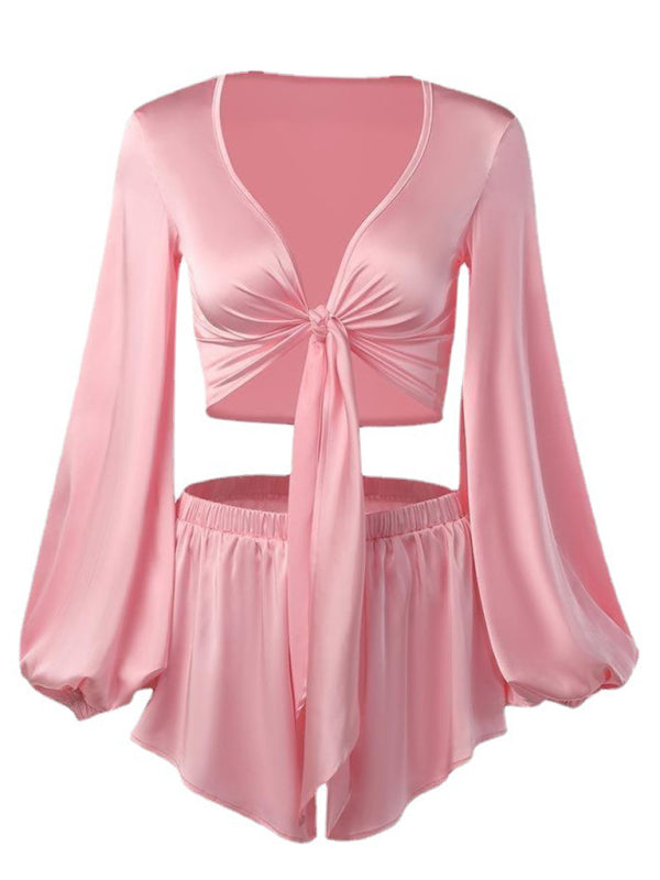 New lantern sleeve V-neck top, vacation style sexy navel-baring strappy shorts set