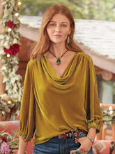 Women's gold velvet three-quarter sleeve elegant plunging collar top