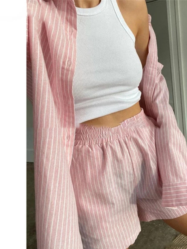 Women's casual striped shirt and shorts two-piece set